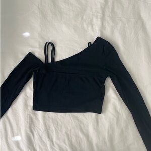 Black Asymmetrical Long Sleeve Crop Top
